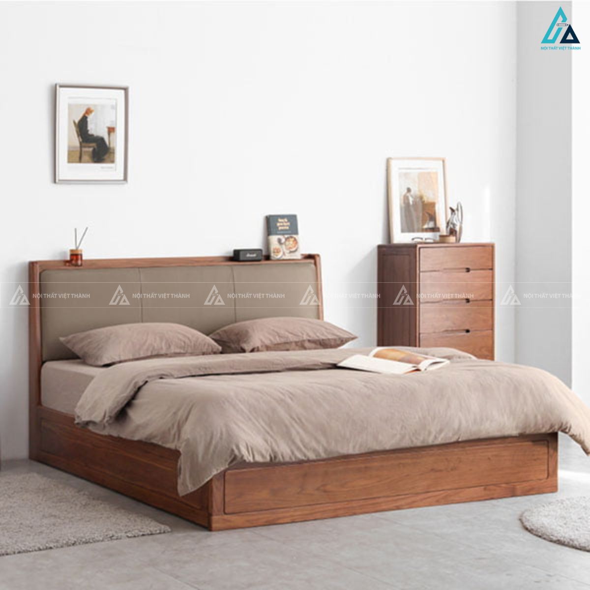 Giường ngủ gỗ tự nhiên bọc nệm phong cách tối giản sang trọng 1