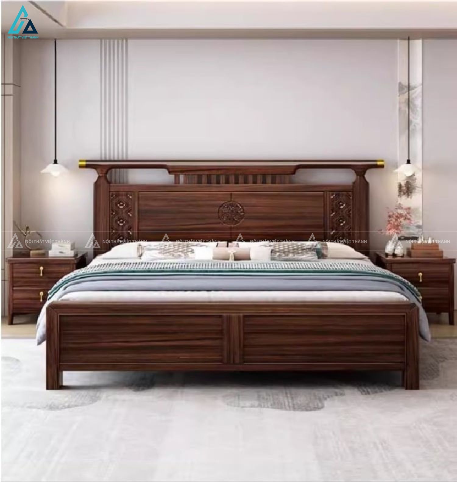 Mẫu giường gỗ tự nhiên vách chạm khắc tinh xảo cho phòng ngủ