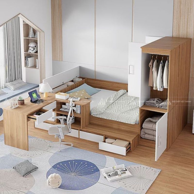 Mẫu giường ngủ kết hợp bàn học gỗ tự nhiên