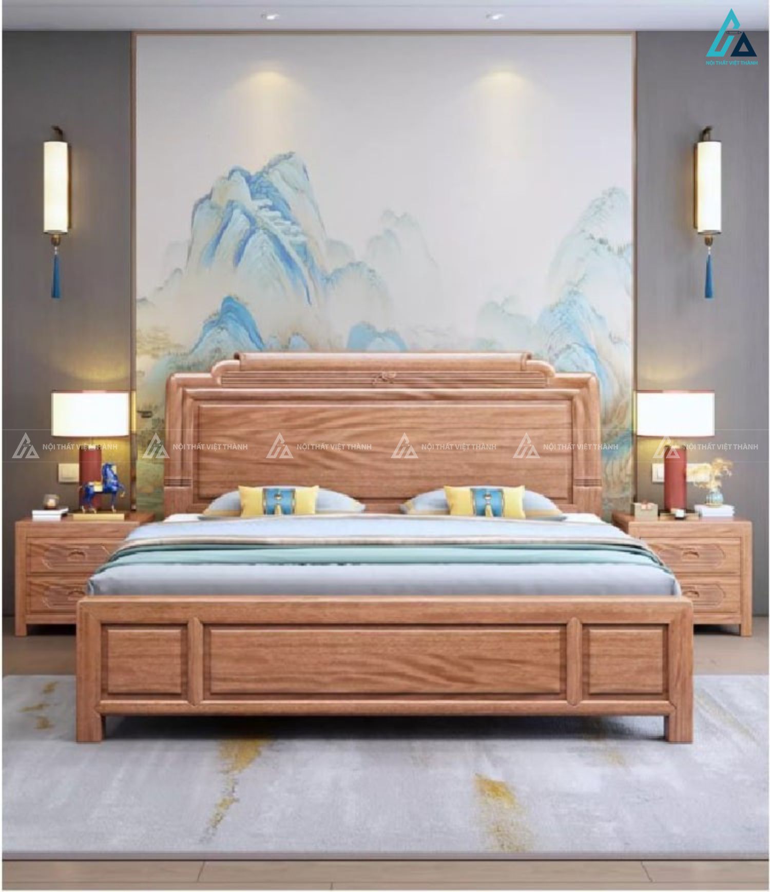 Giường ngủ gỗ tự nhiên thiết kế tối giản hiện đại cho không gian sống