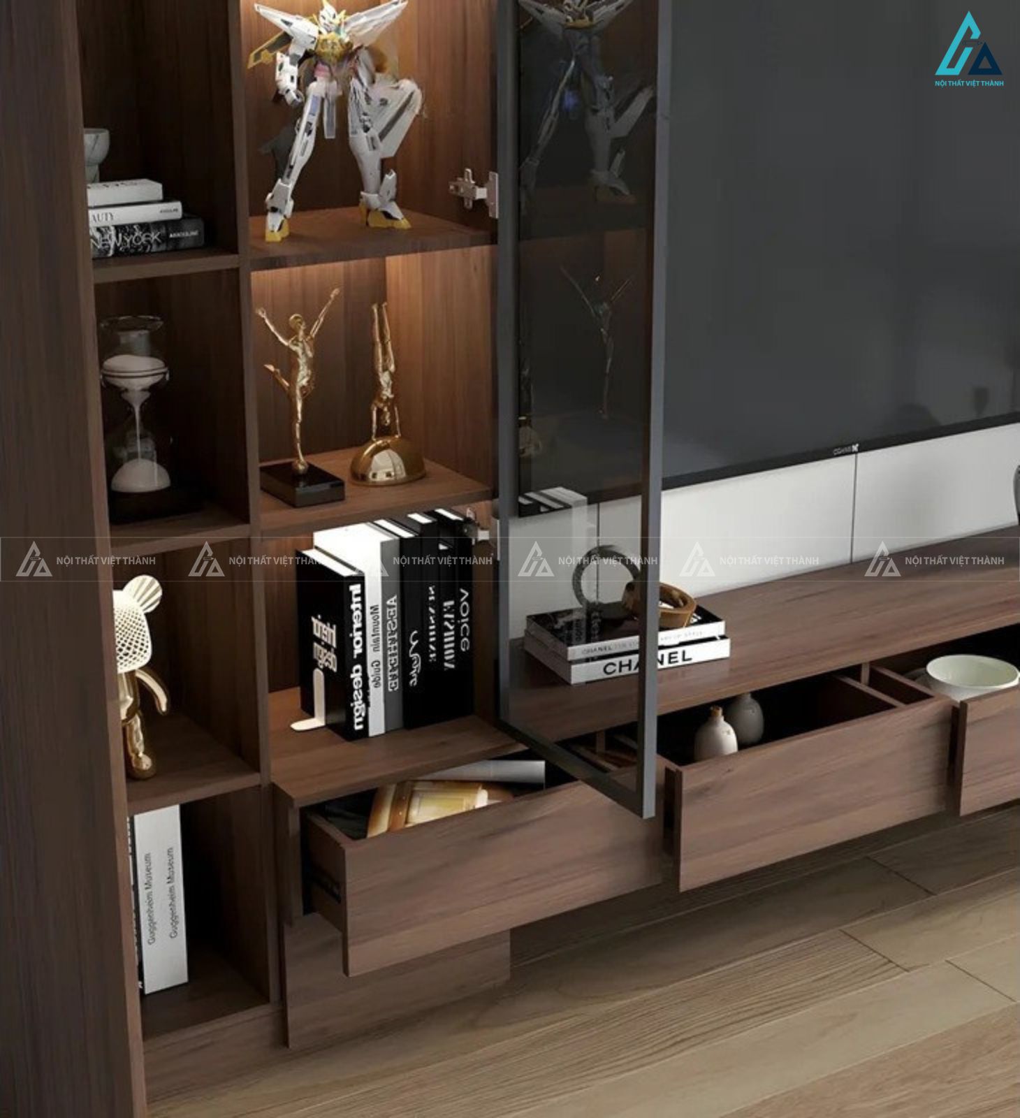 Mẫu kệ tivi gỗ hiện đại thiết kế tủ đứng kèm đèn led đẳng cấp 2