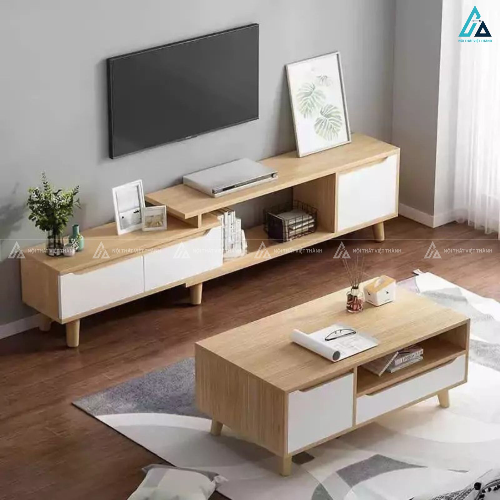 Kệ tivi gỗ phối ngăn kéo trắng chân cao phong cách Hàn Quốc trẻ trung 1
