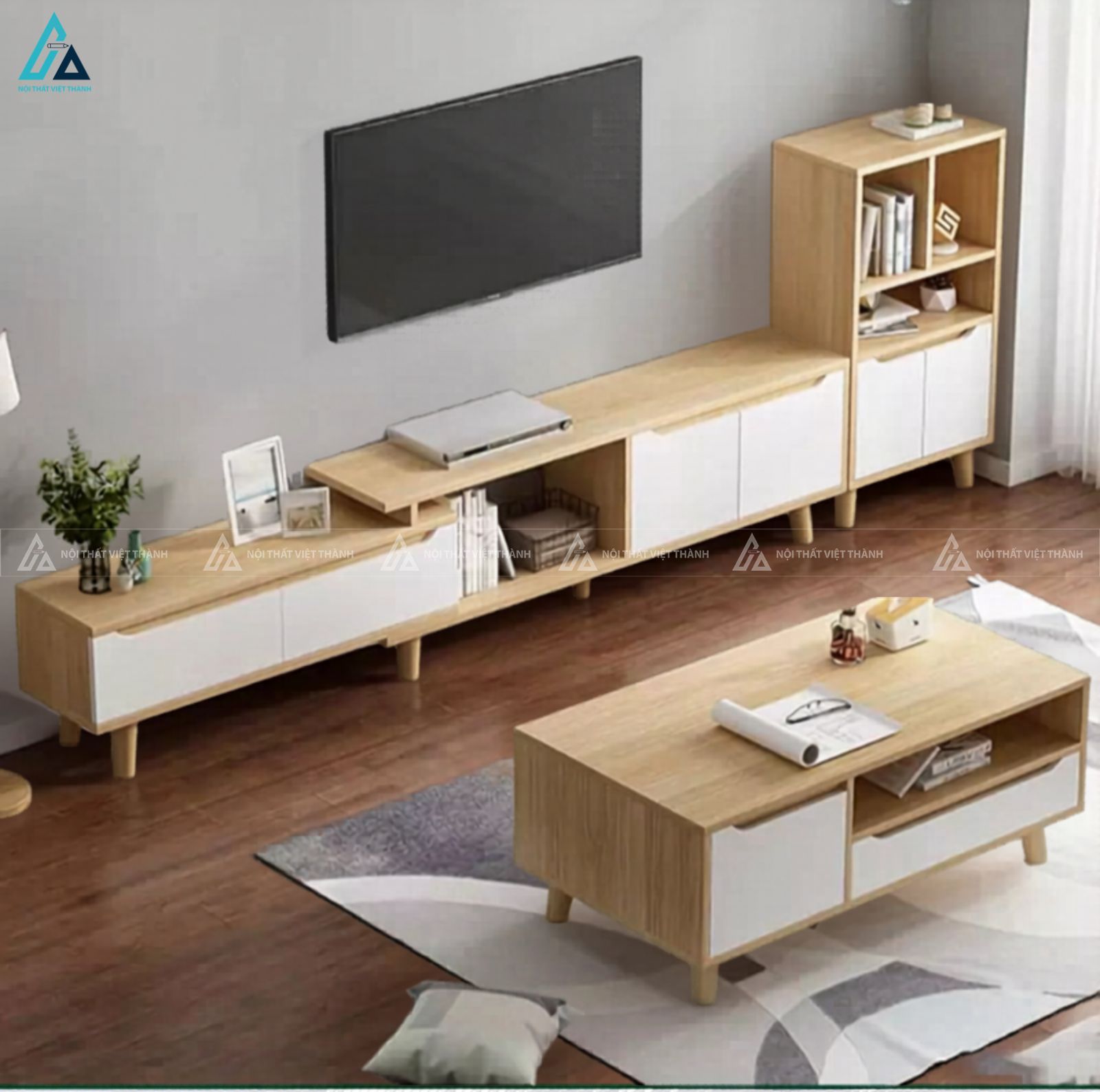 Kệ tivi gỗ phối ngăn kéo trắng chân cao phong cách Hàn Quốc trẻ trung 2