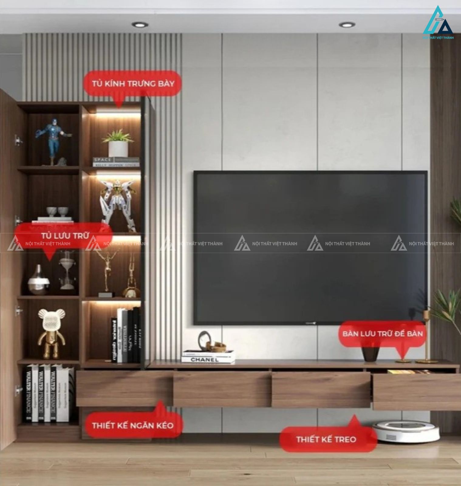 Mẫu kệ tivi gỗ hiện đại thiết kế tủ đứng kèm đèn led đẳng cấp 3