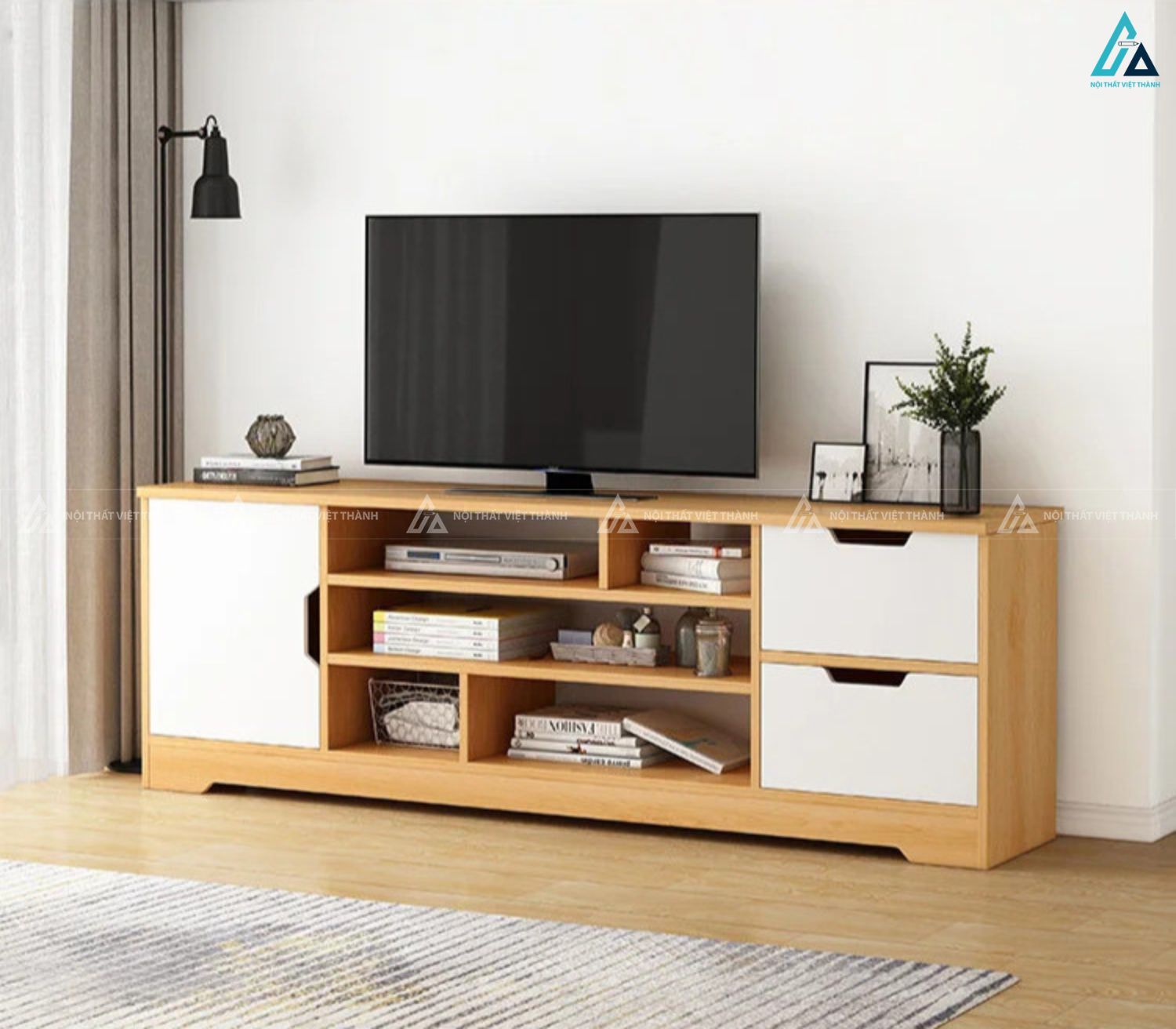 Kệ tivi gỗ hiện đại tích hợp ngăn kéo và hộc mở thông minh