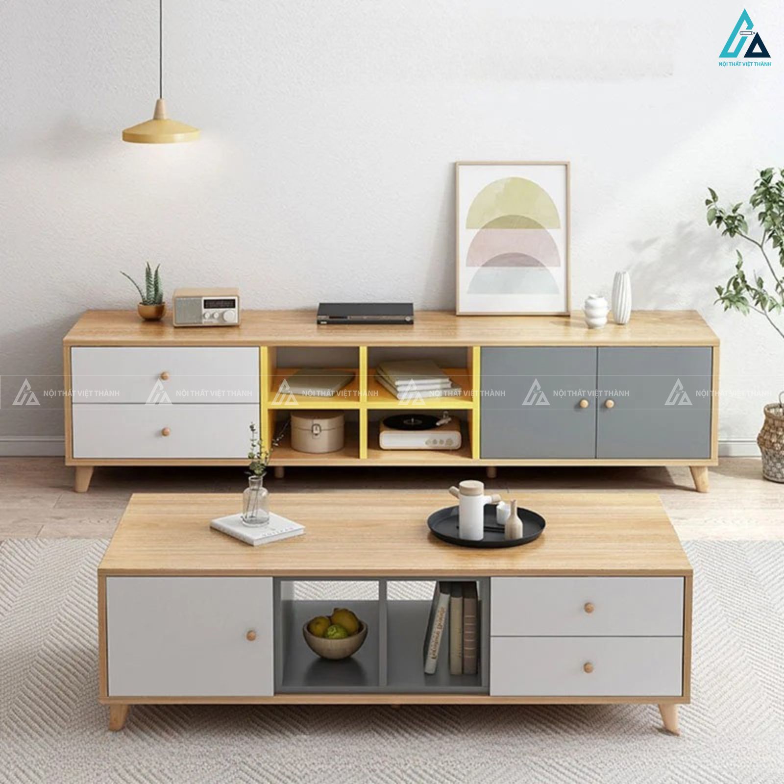 Kệ tivi gỗ công nghiệp phối màu hiện đại kèm hộc mở tiện ích