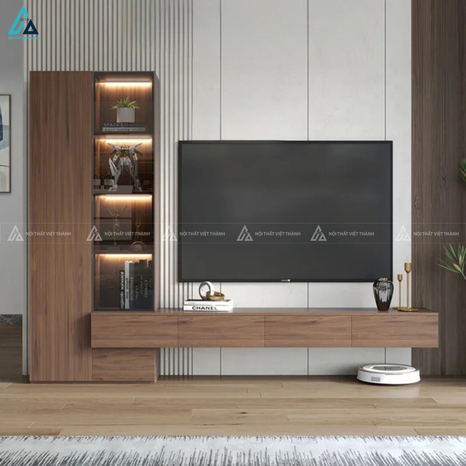 Mẫu kệ tivi gỗ hiện đại thiết kế tủ đứng kèm đèn led đẳng cấp