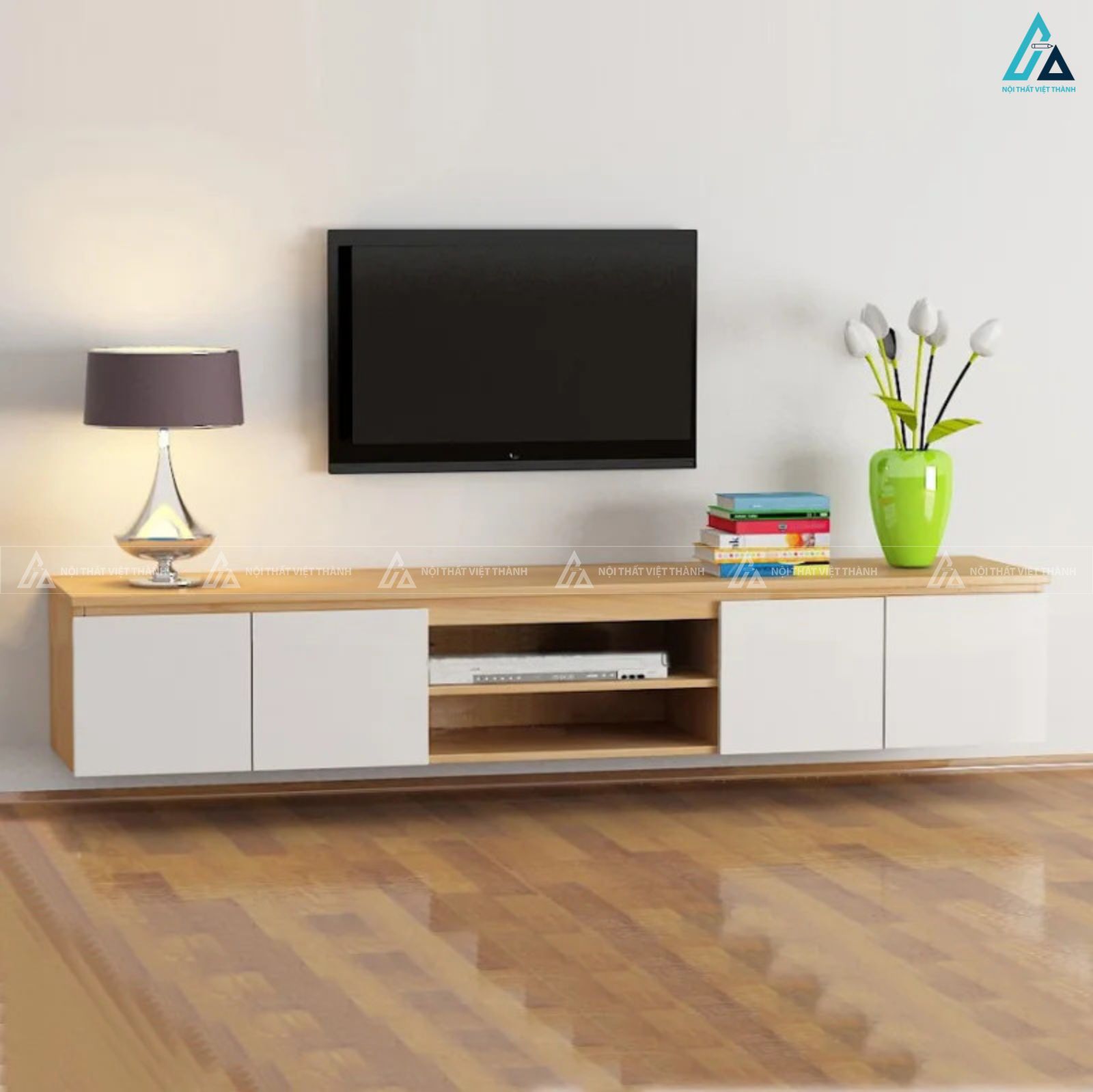Kệ tivi treo tường gỗ công nghiệp sang trọng cho phòng khách nhỏ