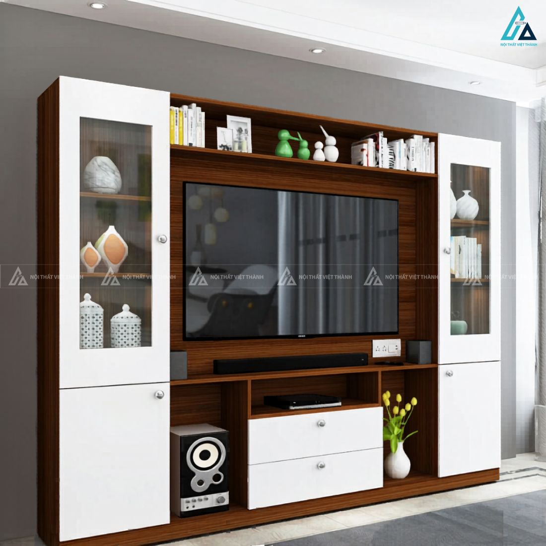 Kệ tivi phòng khách đa năng thiết kế tủ kính trưng bày đẳng cấp 1