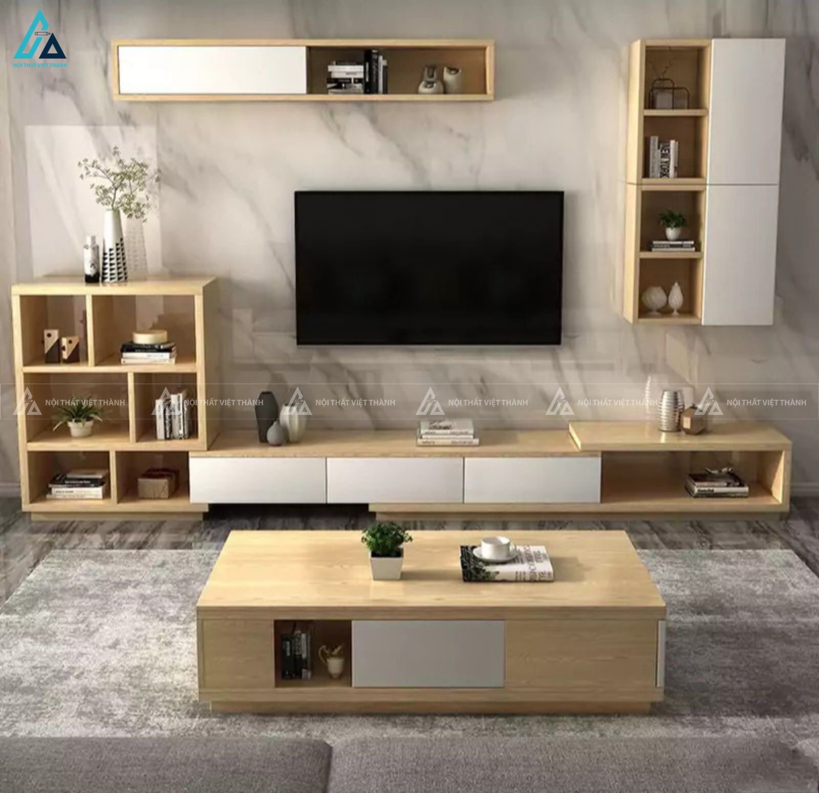 Kệ tivi gỗ công nghiệp kết hợp tủ trang trí tối ưu không gian sống