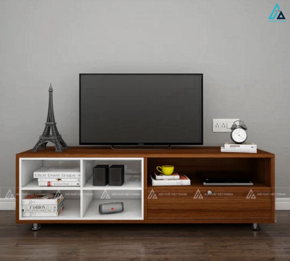 Mẫu kệ tivi gỗ công nghiệp phối trắng đa năng cho phòng khách gọn gàng