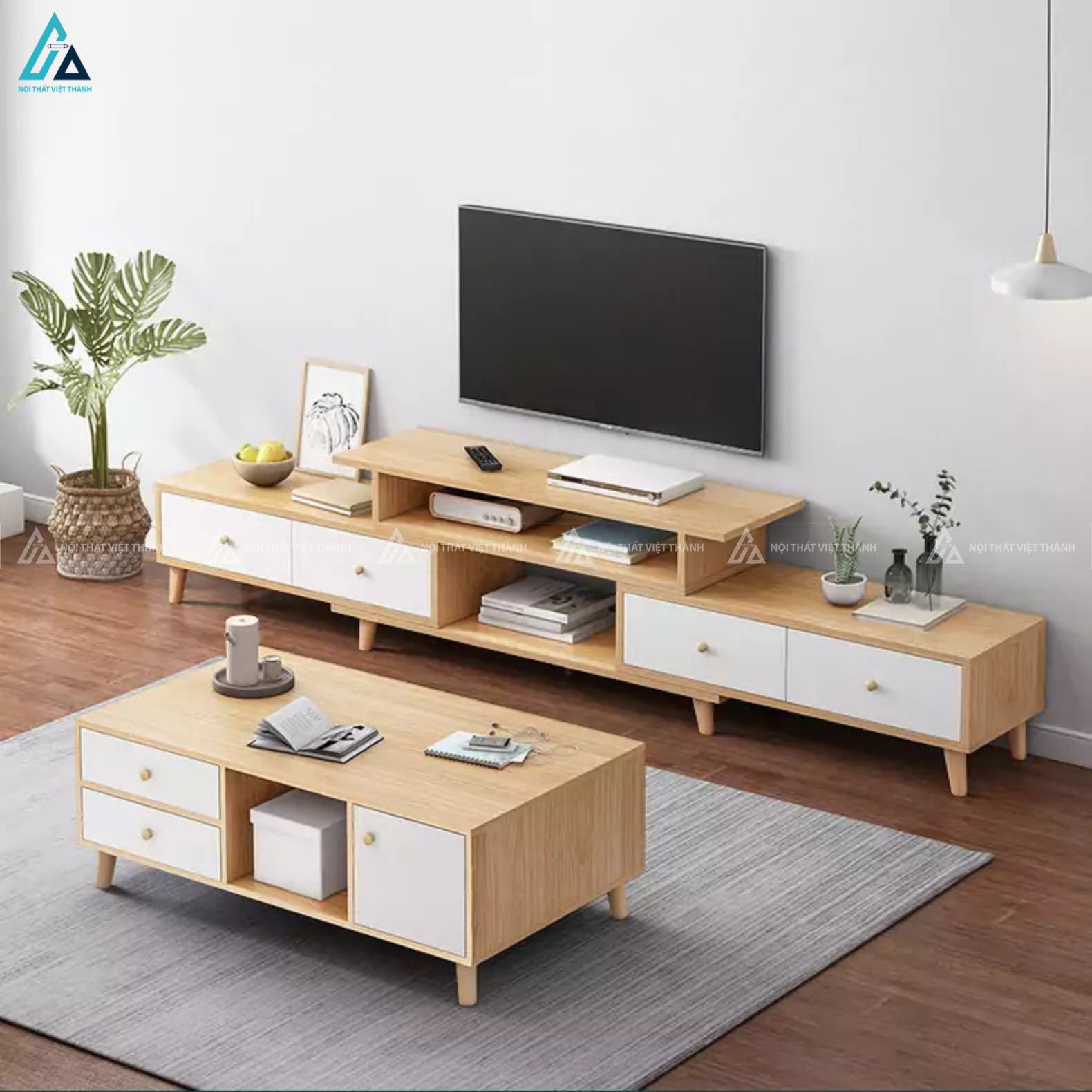 Kệ tivi gỗ phối trắng chân cao phong cách Bắc Âu đầy tinh tế
