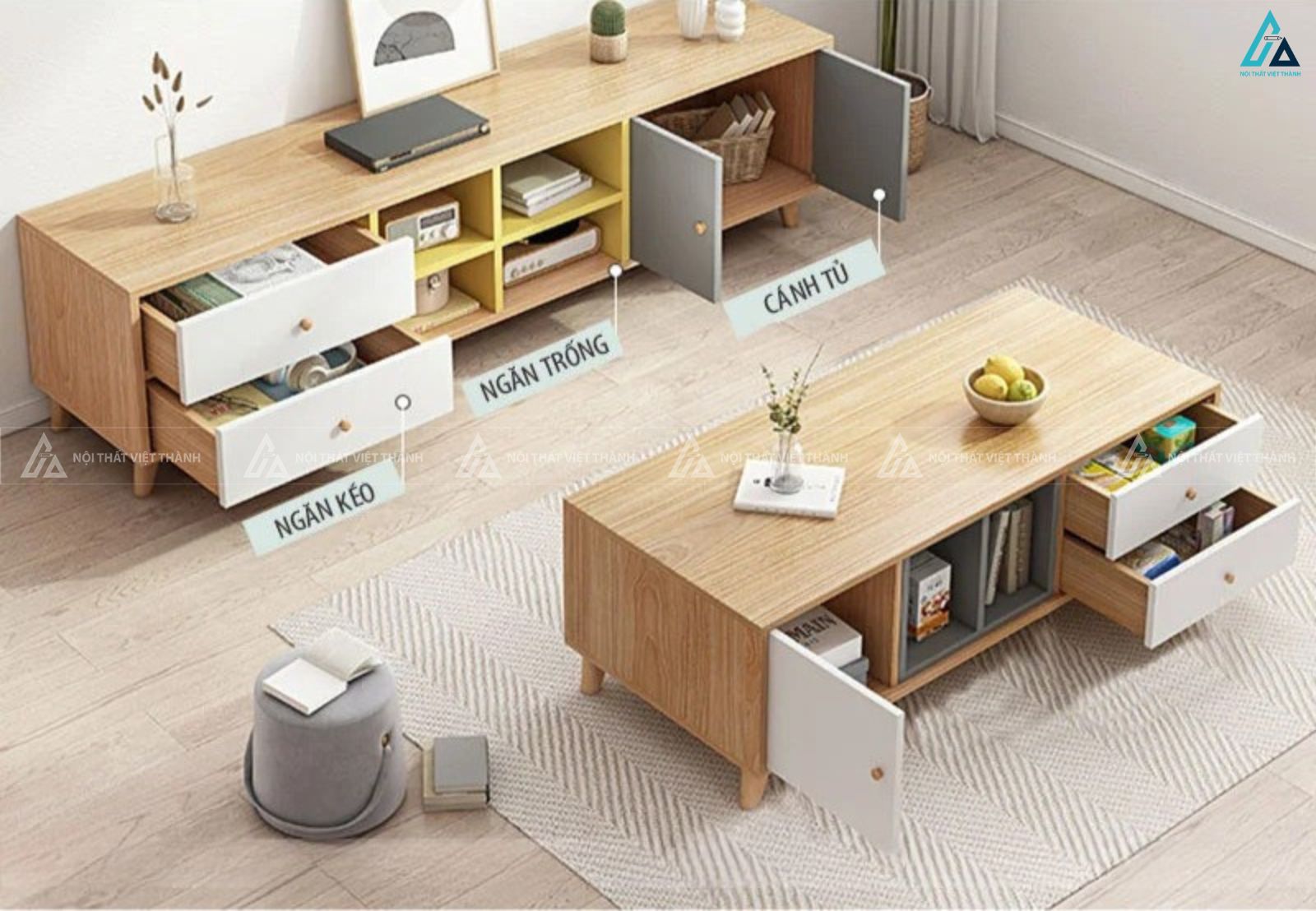 Kệ tivi gỗ công nghiệp phối màu hiện đại kèm hộc mở tiện ích 2