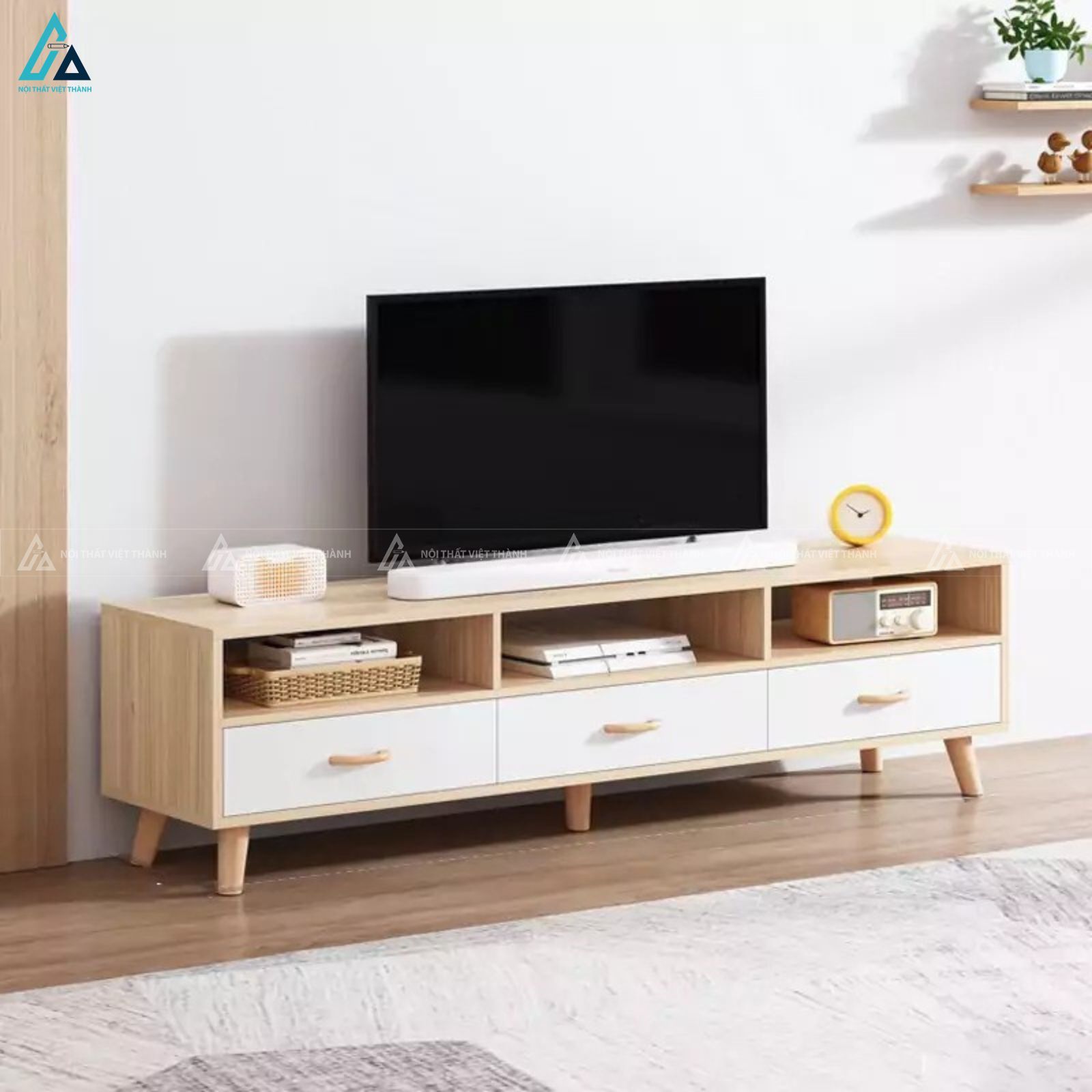 Kệ tivi gỗ phối trắng phong cách Bắc Âu tiện ích cho phòng khách