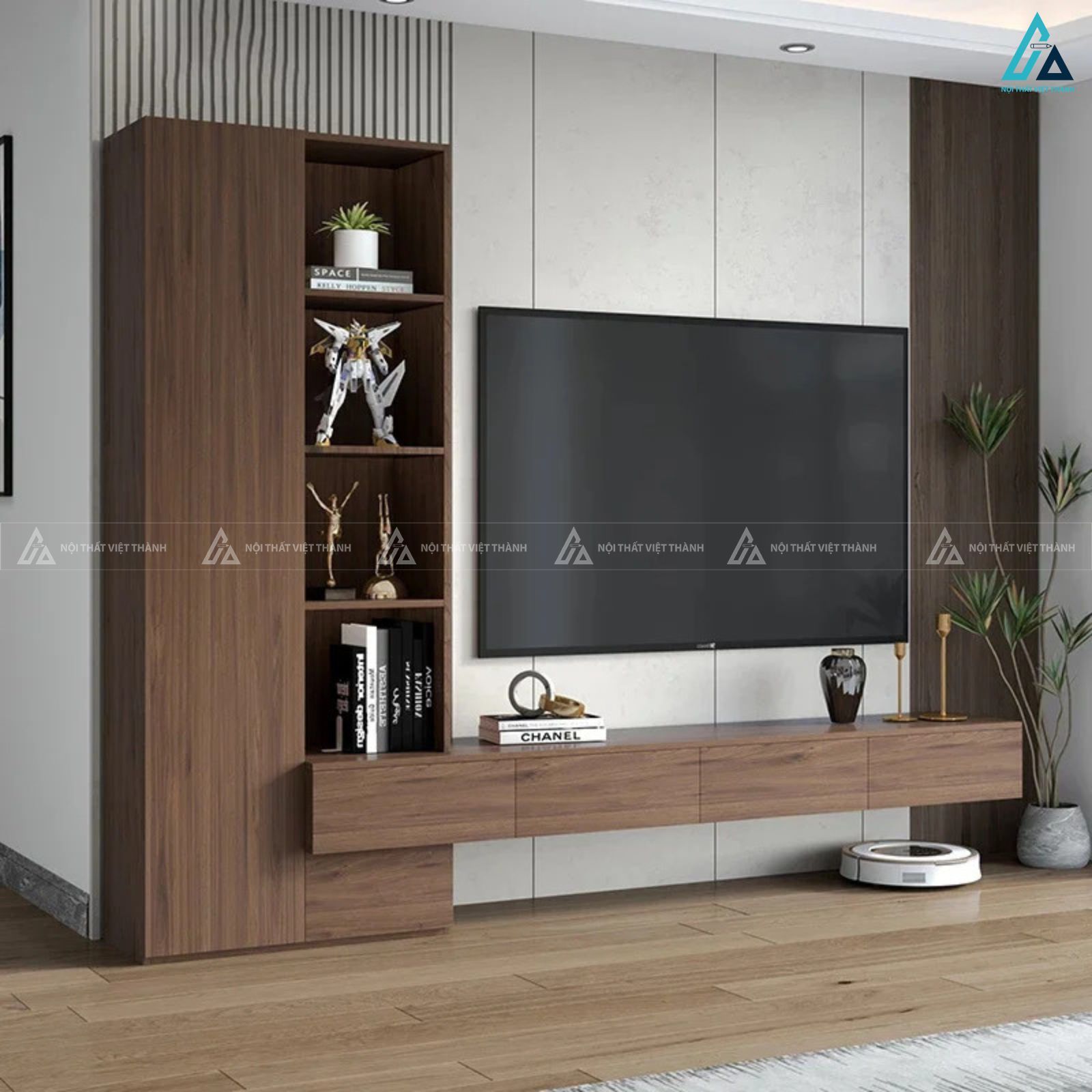 Mẫu kệ tivi gỗ hiện đại thiết kế tủ đứng kèm đèn led đẳng cấp 1