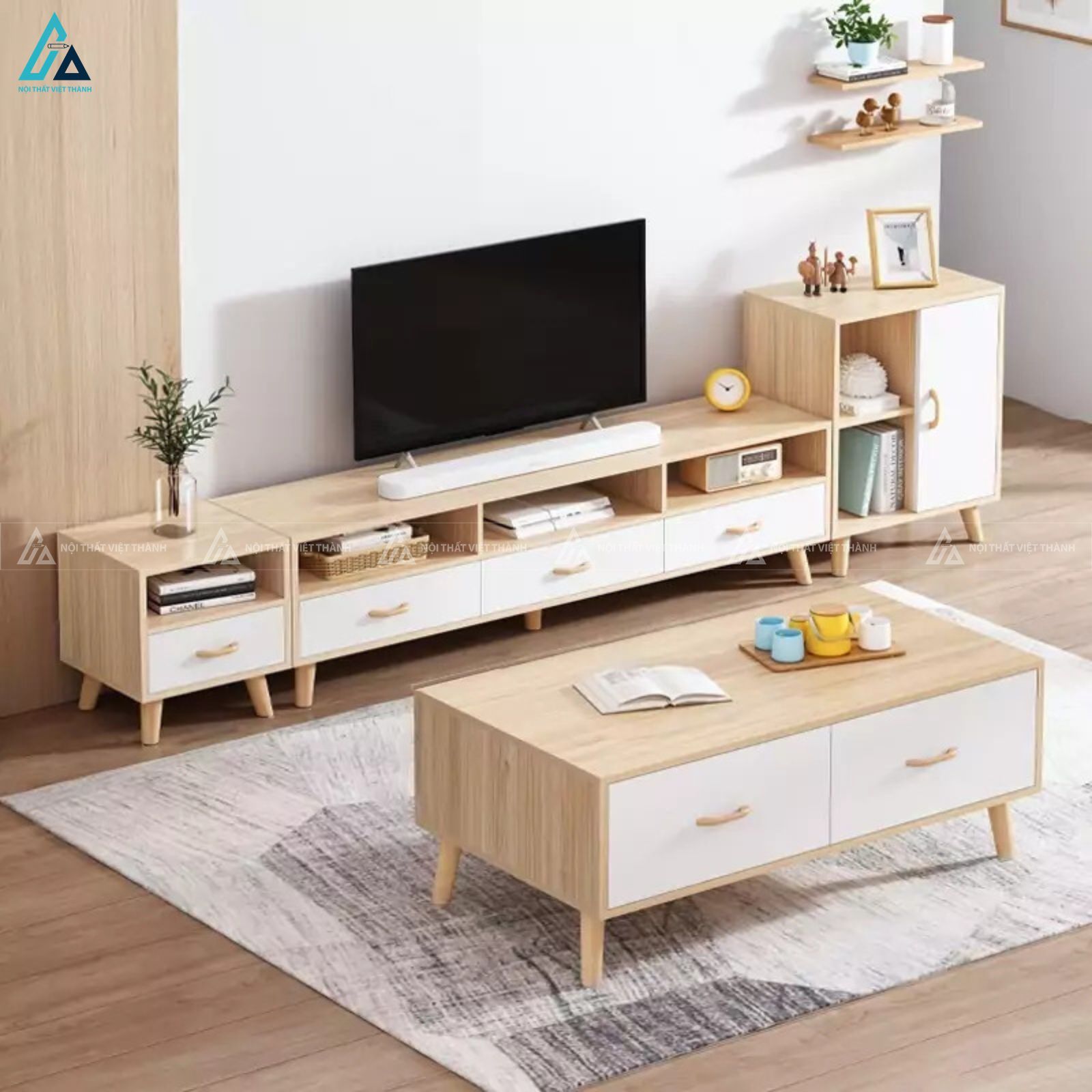 Kệ tivi gỗ phối trắng phong cách Bắc Âu tiện ích cho phòng khách 1