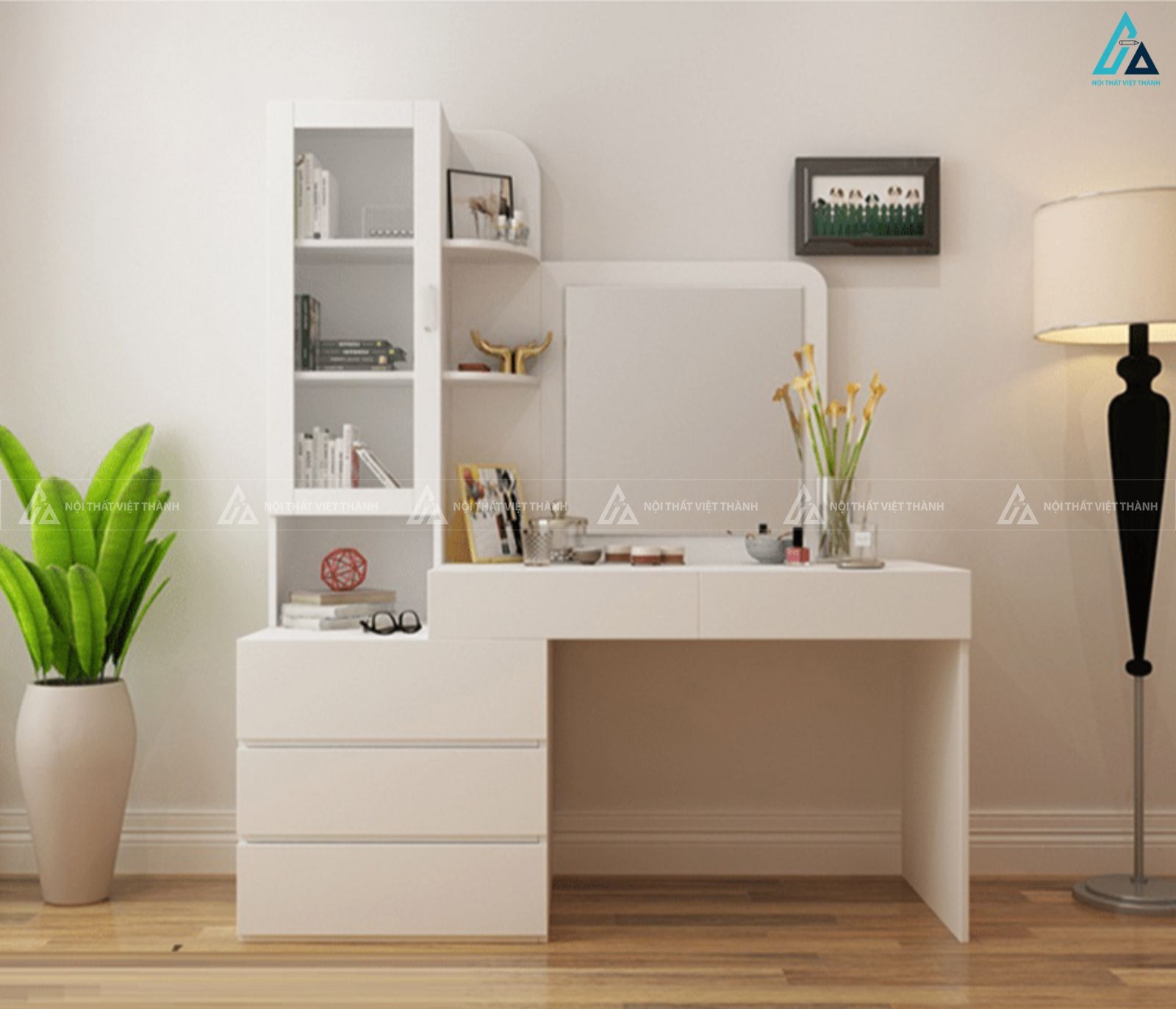Bàn trang điểm gỗ phối trắng kèm kệ trang trí tiện ích cho phòng ngủ 2