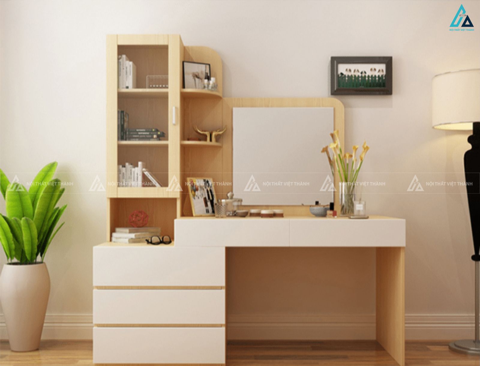 Bàn trang điểm gỗ phối trắng kèm kệ trang trí tiện ích cho phòng ngủ 1