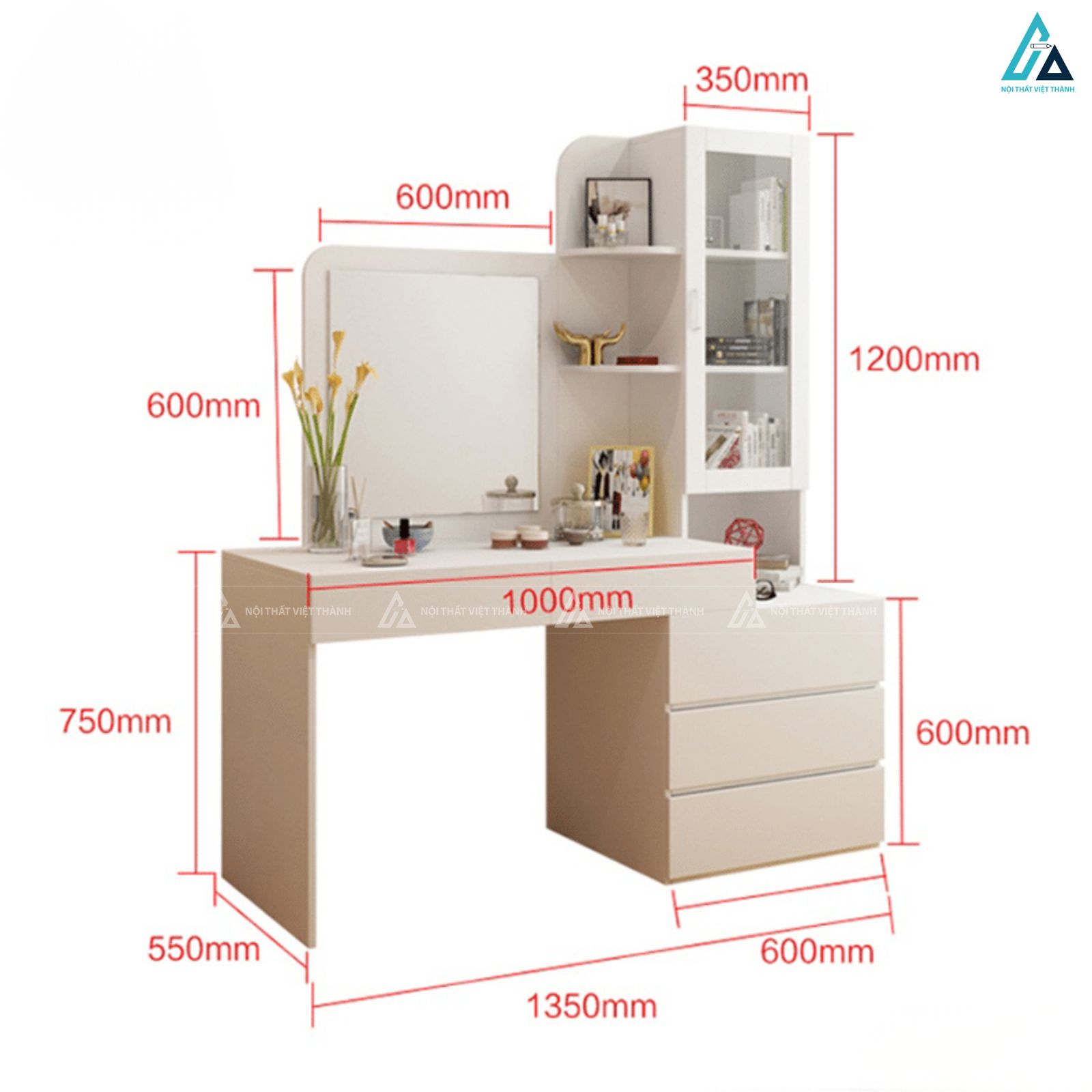 Bàn trang điểm gỗ phối trắng kèm kệ trang trí tiện ích cho phòng ngủ 3