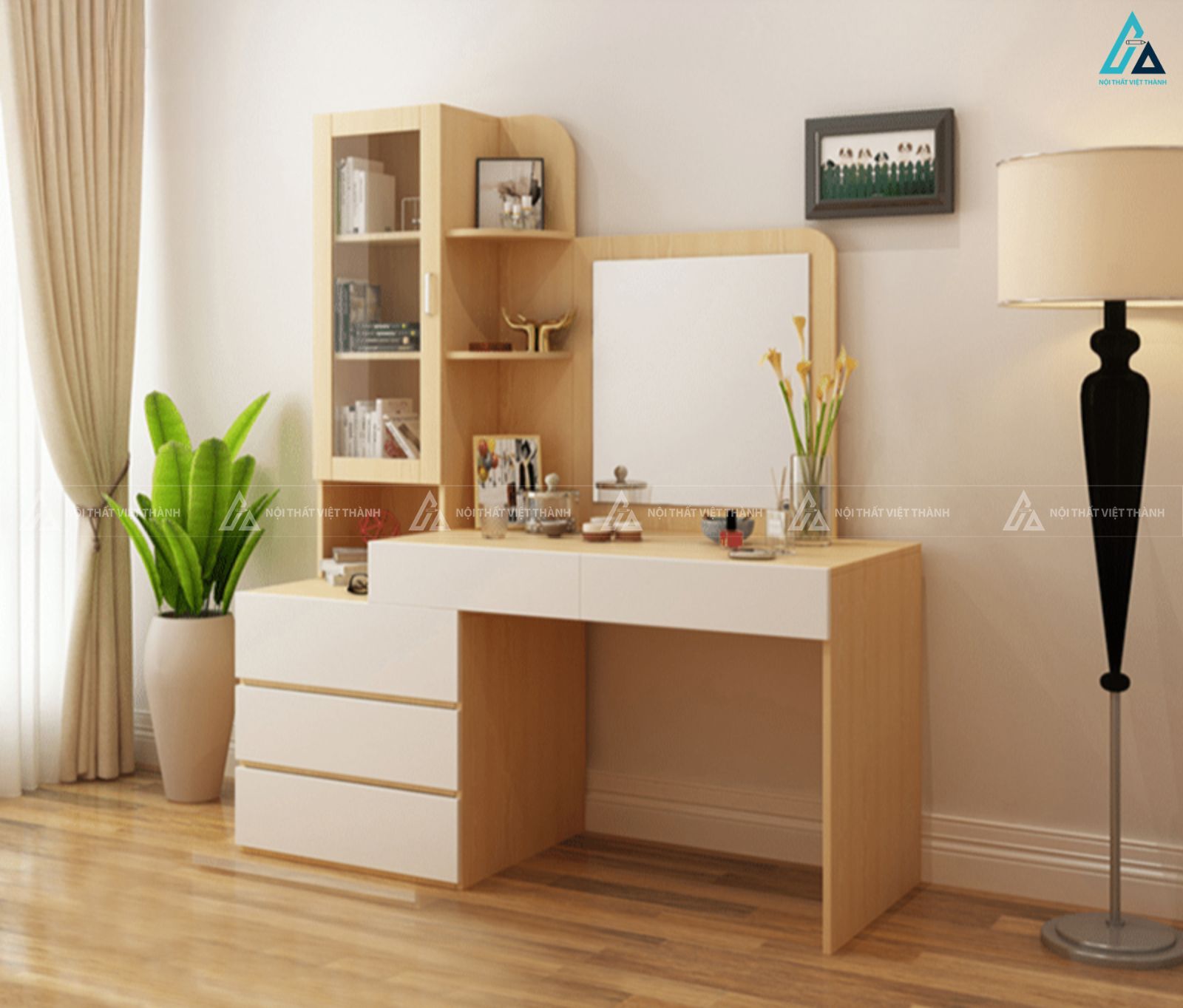 Bàn trang điểm gỗ phối trắng kèm kệ trang trí tiện ích cho phòng ngủ
