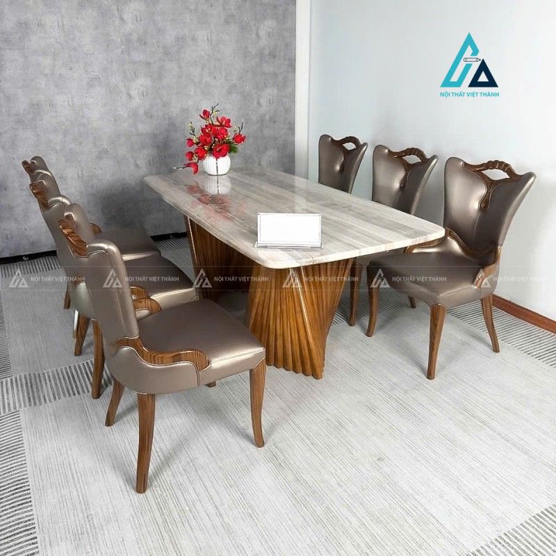 Bộ bàn ăn tân cổ điển mặt đá chân gỗ sang trọng và đẳng cấp 1