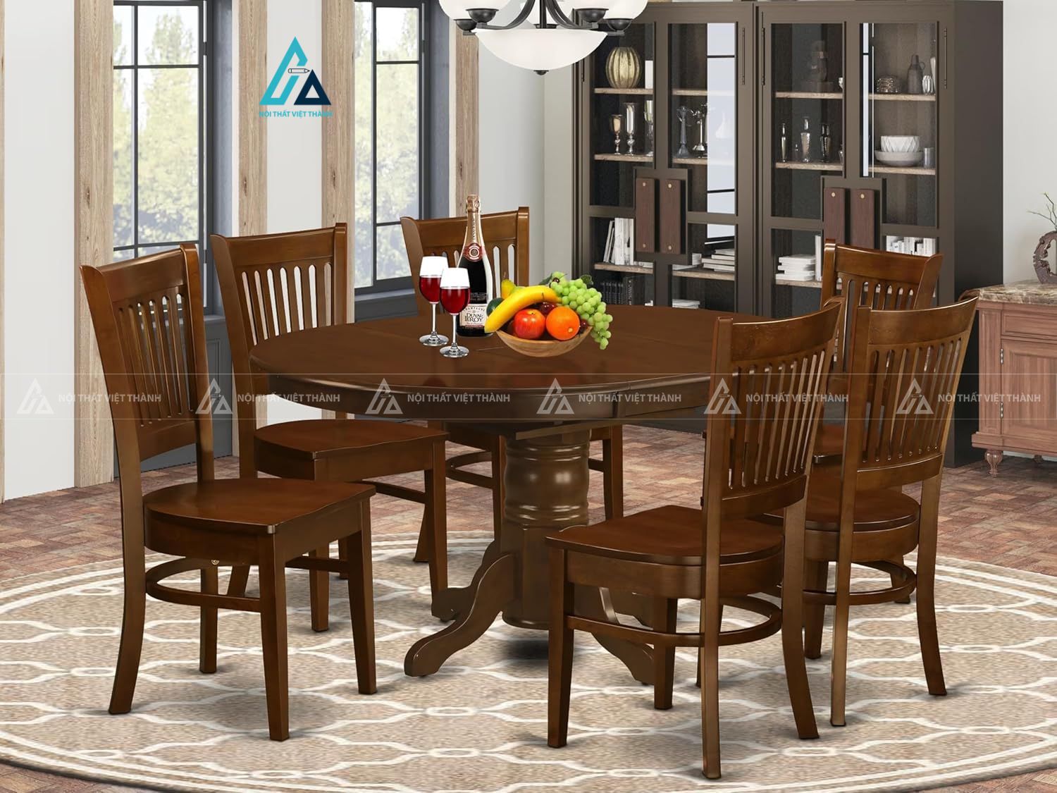 Bộ bàn ăn tròn mở rộng với 6 ghế tựa nan gỗ truyền thống