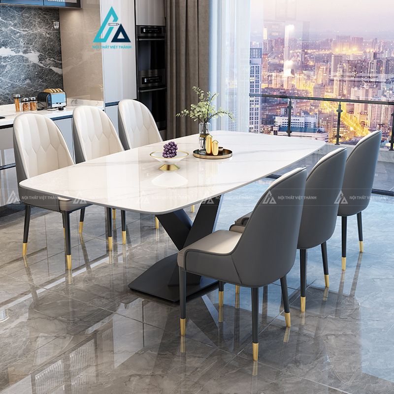 Bộ bàn ăn mặt đá chân trụ hiện đại cho không gian sang trọng