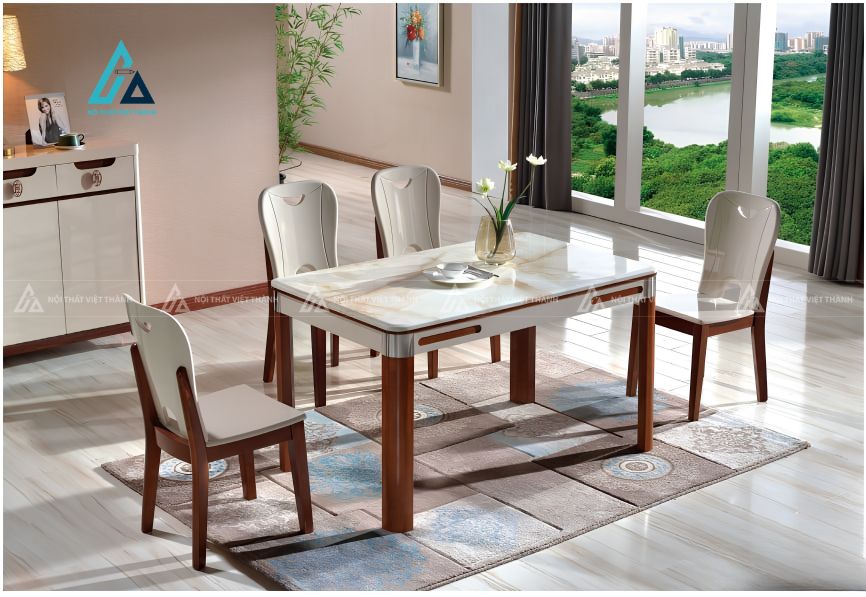 Bộ bàn ăn mặt đá kết hợp khung gỗ tạo điểm nhấn thanh lịch