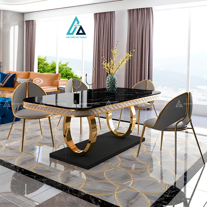 Bộ bàn ăn mặt đá chân tròn mạ vàng sang trọng đẳng cấp 2