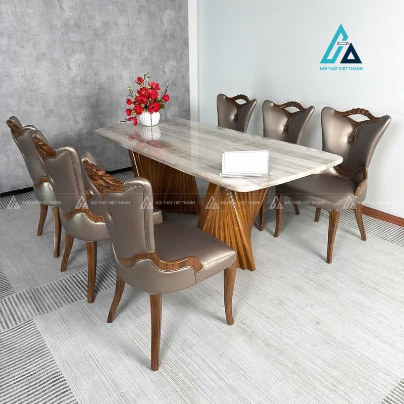 Bộ bàn ăn tân cổ điển mặt đá chân gỗ sang trọng và đẳng cấp 2