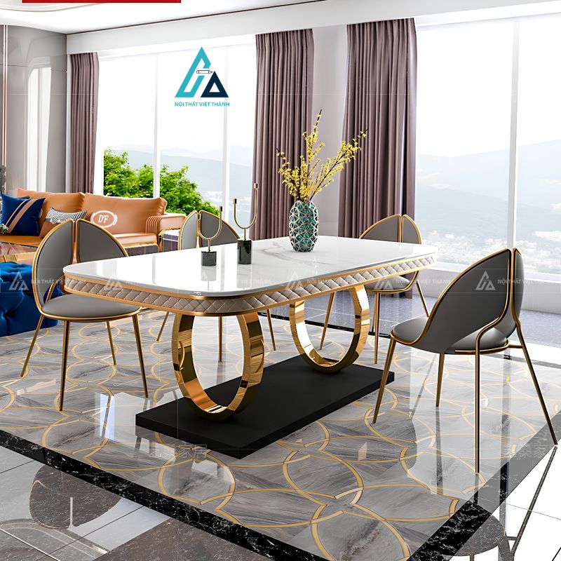 Bộ bàn ăn mặt đá chân tròn mạ vàng sang trọng đẳng cấp 3