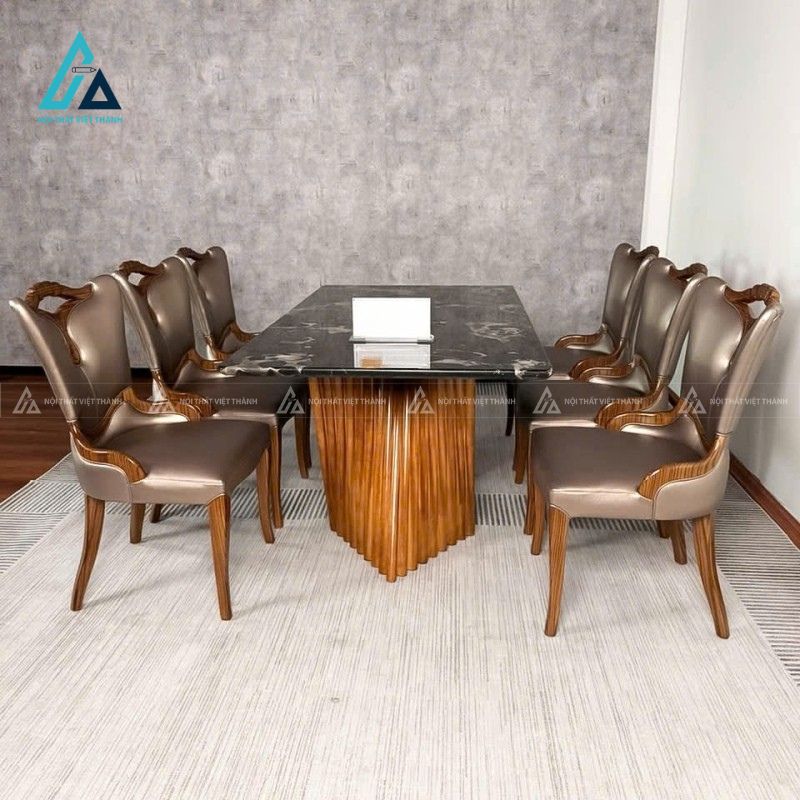 Bộ bàn ăn tân cổ điển mặt đá chân gỗ sang trọng và đẳng cấp