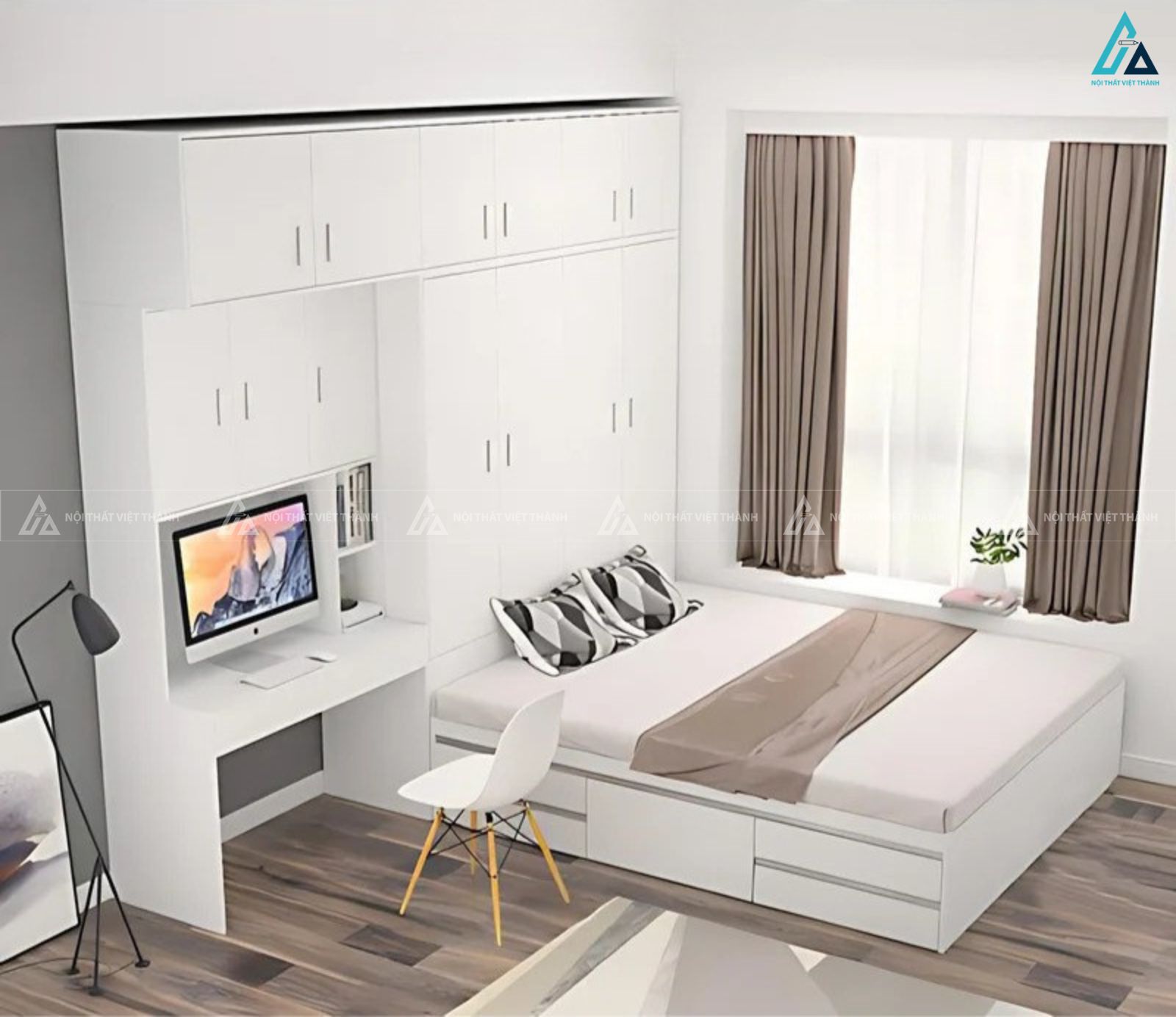 Giường ngủ gỗ công nghiệp hiện đại phối bàn làm việc và tủ áo đẹp 3