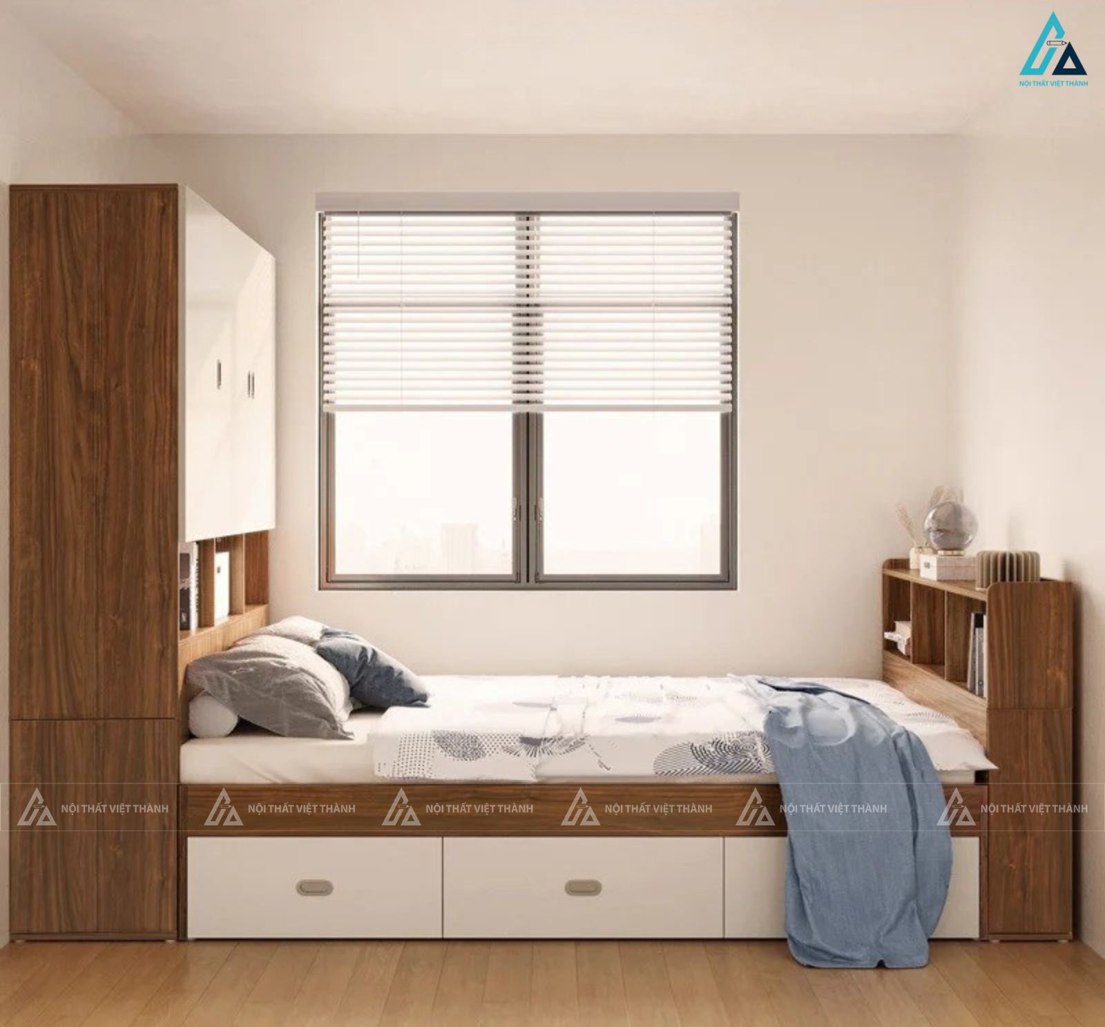 Mẫu giường ngủ gỗ công nghiệp có ngăn kéo và tủ đồ tiện ích 1