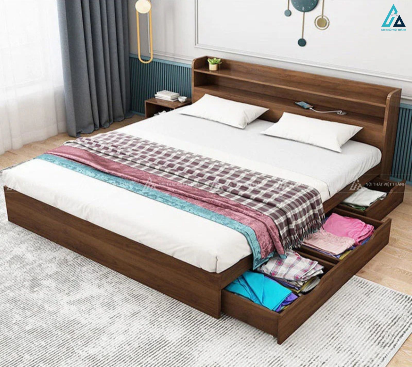 Giường ngủ gỗ công nghiệp sang trọng tích hợp ngăn kéo thông minh