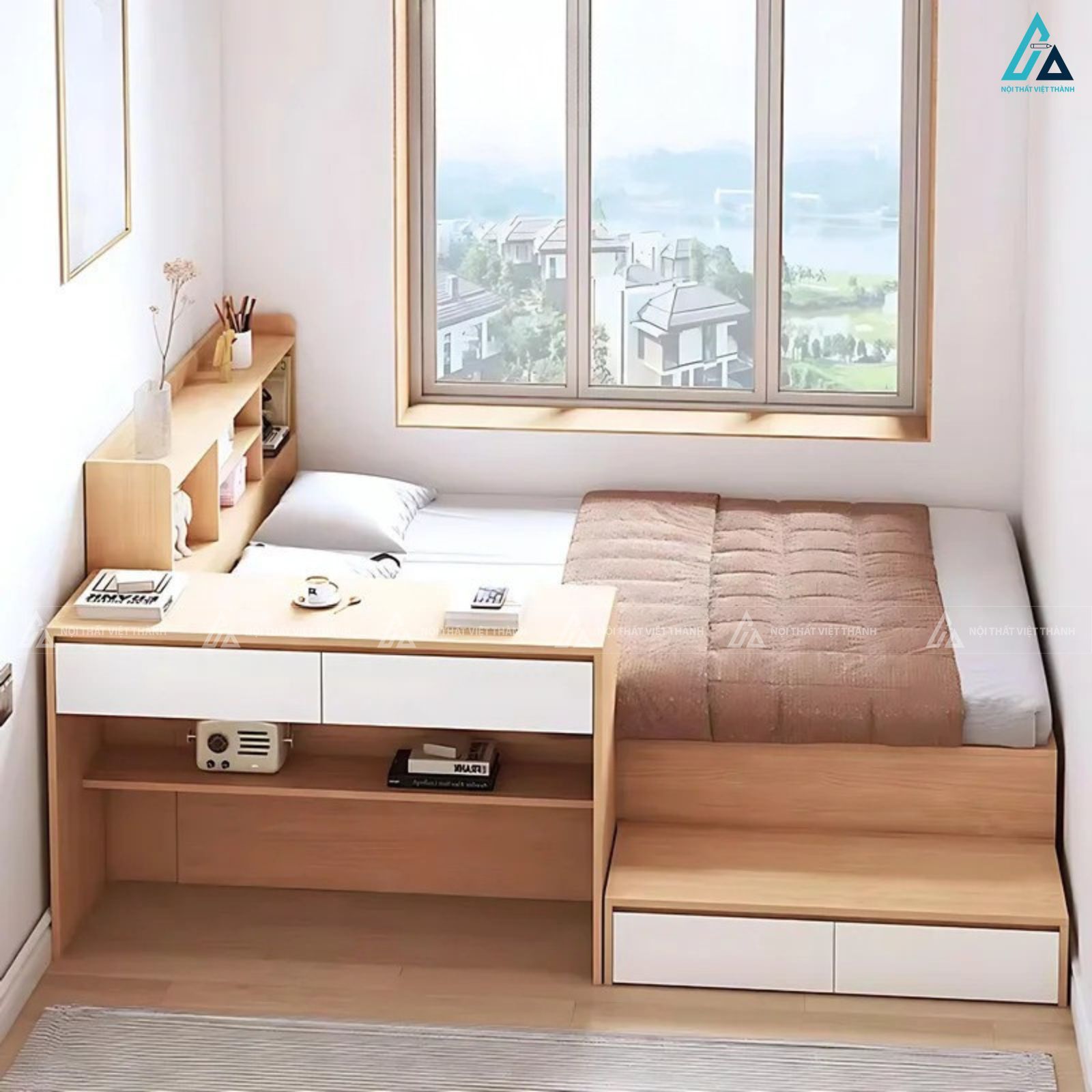 Giường ngủ gỗ công nghiệp tích hợp bàn làm việc thông minh tiện lợi
