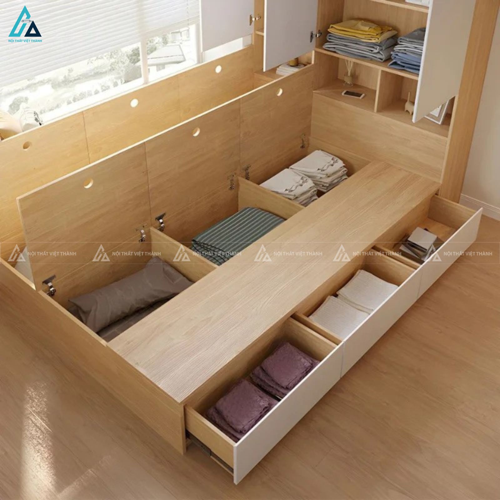 Mẫu giường ngủ gỗ công nghiệp đa năng tích hợp tủ quần áo hiện đại 2
