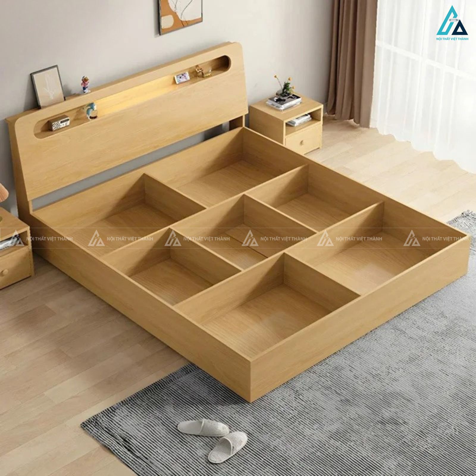Giường ngủ gỗ công nghiệp hiện đại tích hợp kệ để đồ đầu giường 4
