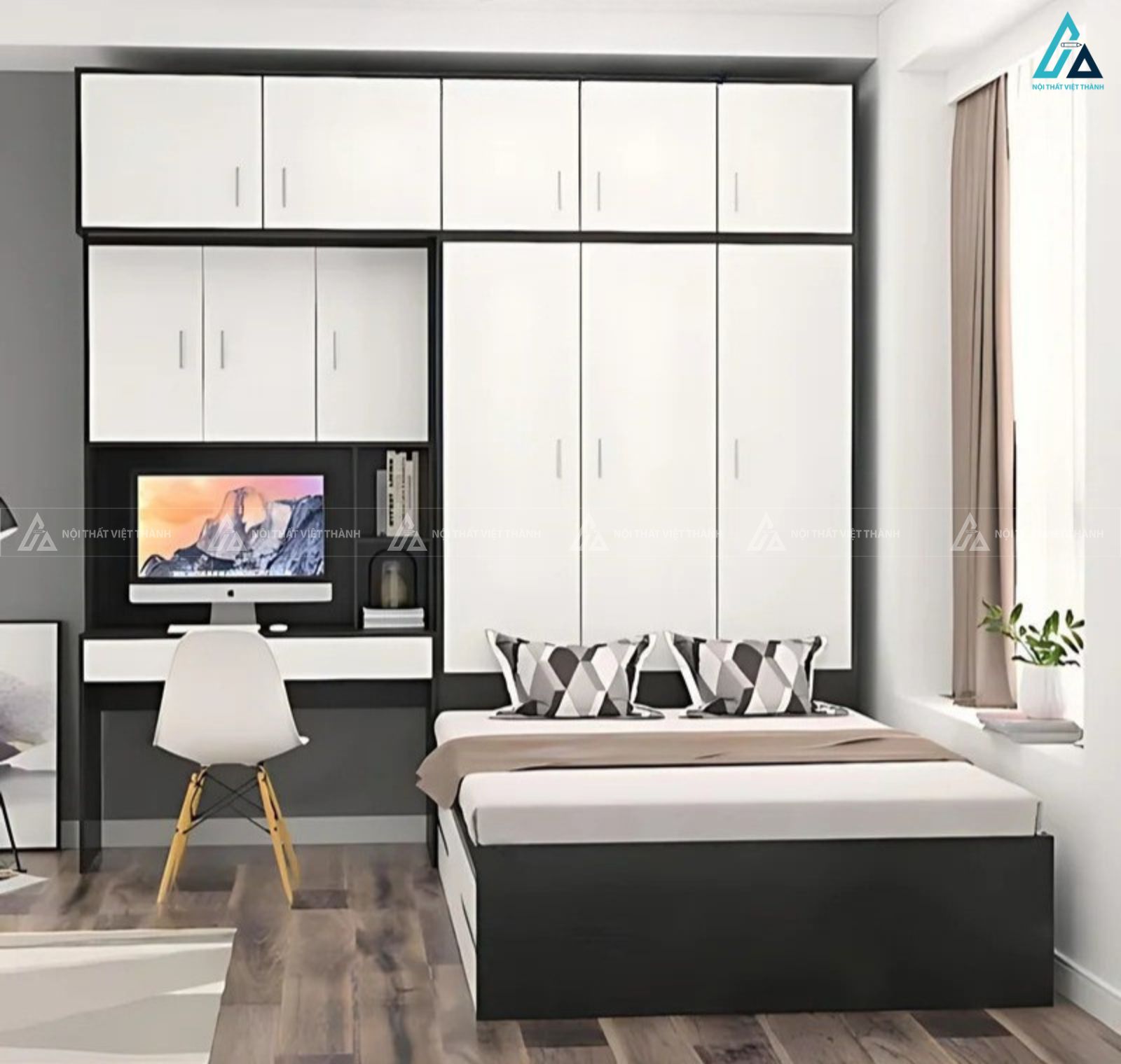 Giường ngủ gỗ công nghiệp hiện đại phối bàn làm việc và tủ áo đẹp 4