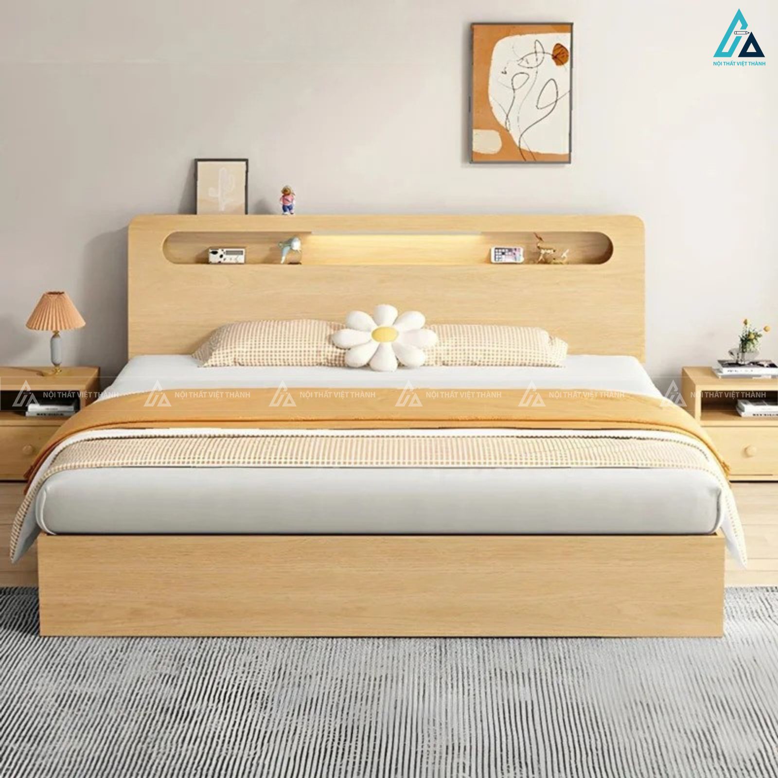 Giường ngủ gỗ công nghiệp hiện đại tích hợp kệ để đồ đầu giường 1