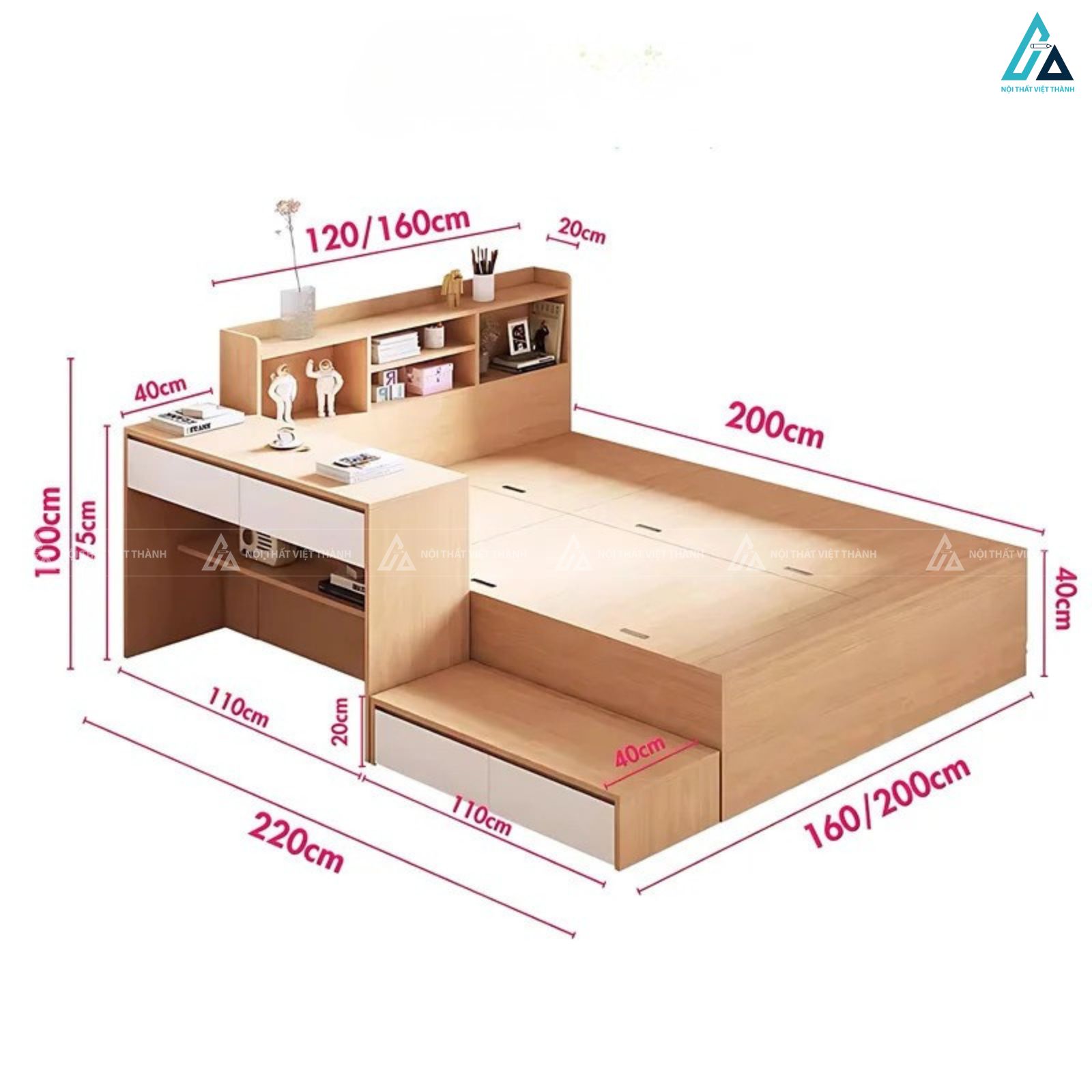 Giường ngủ gỗ công nghiệp tích hợp bàn làm việc thông minh tiện lợi 3