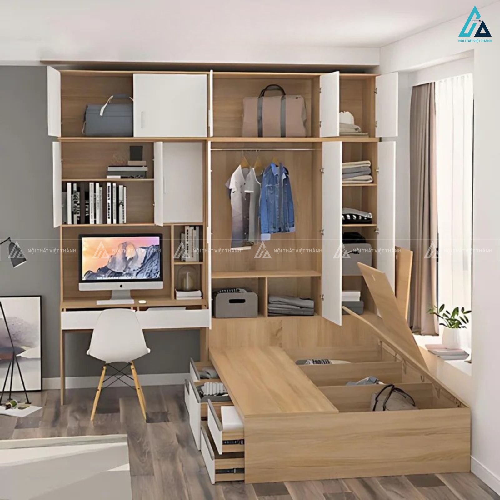 Giường ngủ gỗ công nghiệp hiện đại phối bàn làm việc và tủ áo đẹp 2