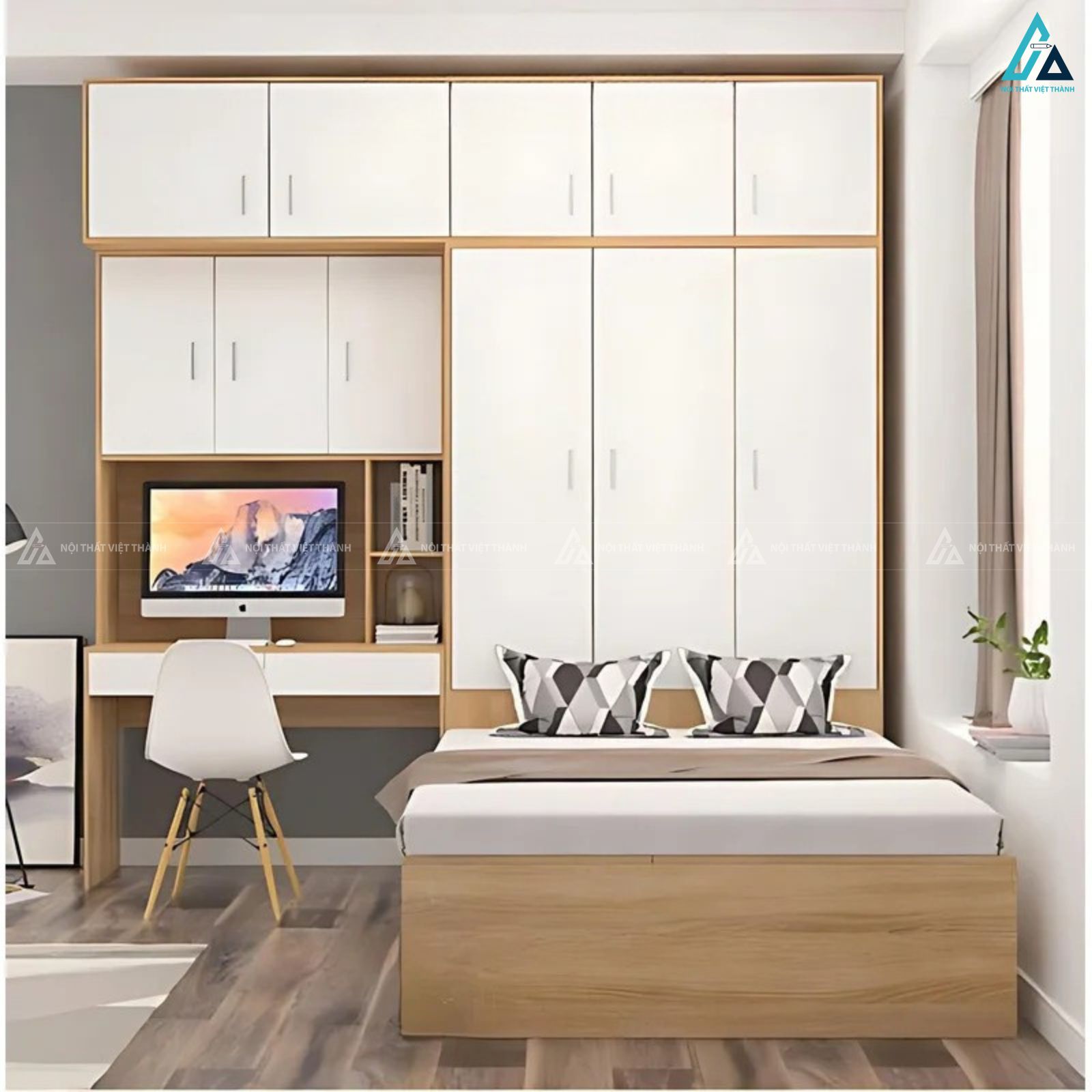 Giường ngủ gỗ công nghiệp hiện đại phối bàn làm việc và tủ áo đẹp 1