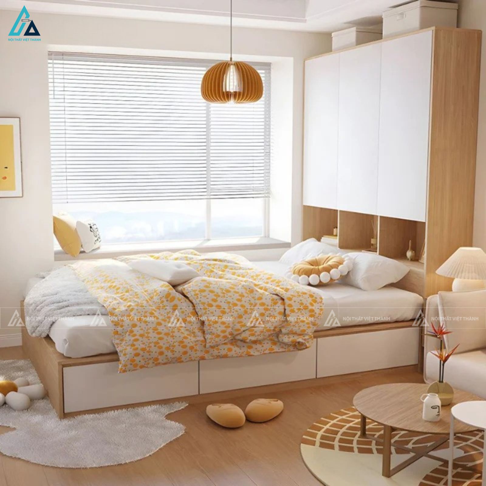 Mẫu giường ngủ gỗ công nghiệp đa năng tích hợp tủ quần áo hiện đại