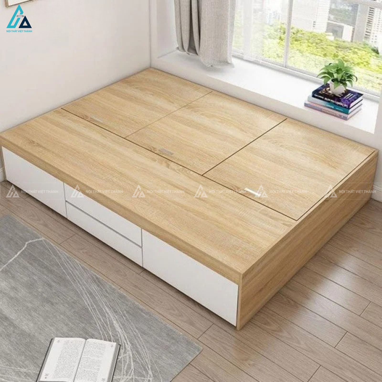 Giường ngủ gỗ công nghiệp bệt hiện đại kết hợp hộc chứa đồ đa năng