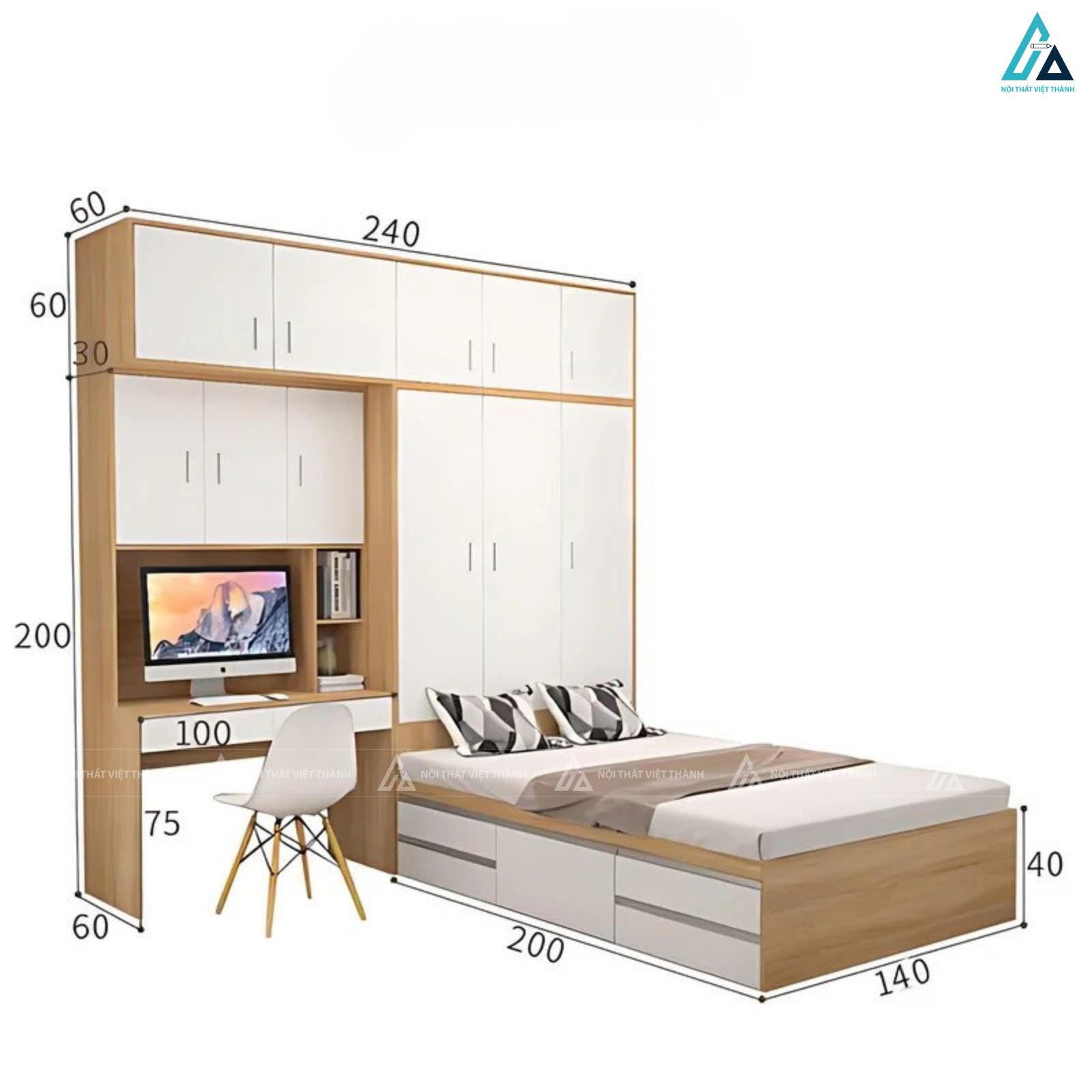 Giường ngủ gỗ công nghiệp hiện đại phối bàn làm việc và tủ áo đẹp 5