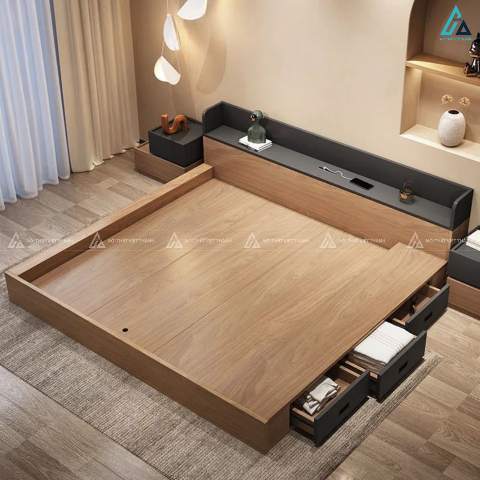 Giường ngủ gỗ công nghiệp tích hợp hộc lưu trữ dưới gầm tiện lợi 2