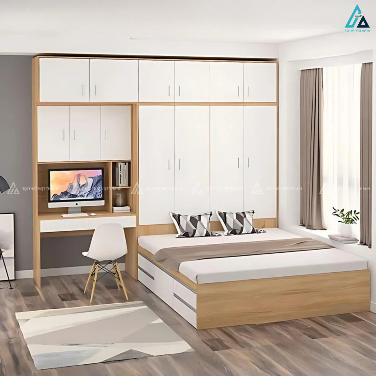 Giường ngủ gỗ công nghiệp hiện đại phối bàn làm việc và tủ áo đẹp