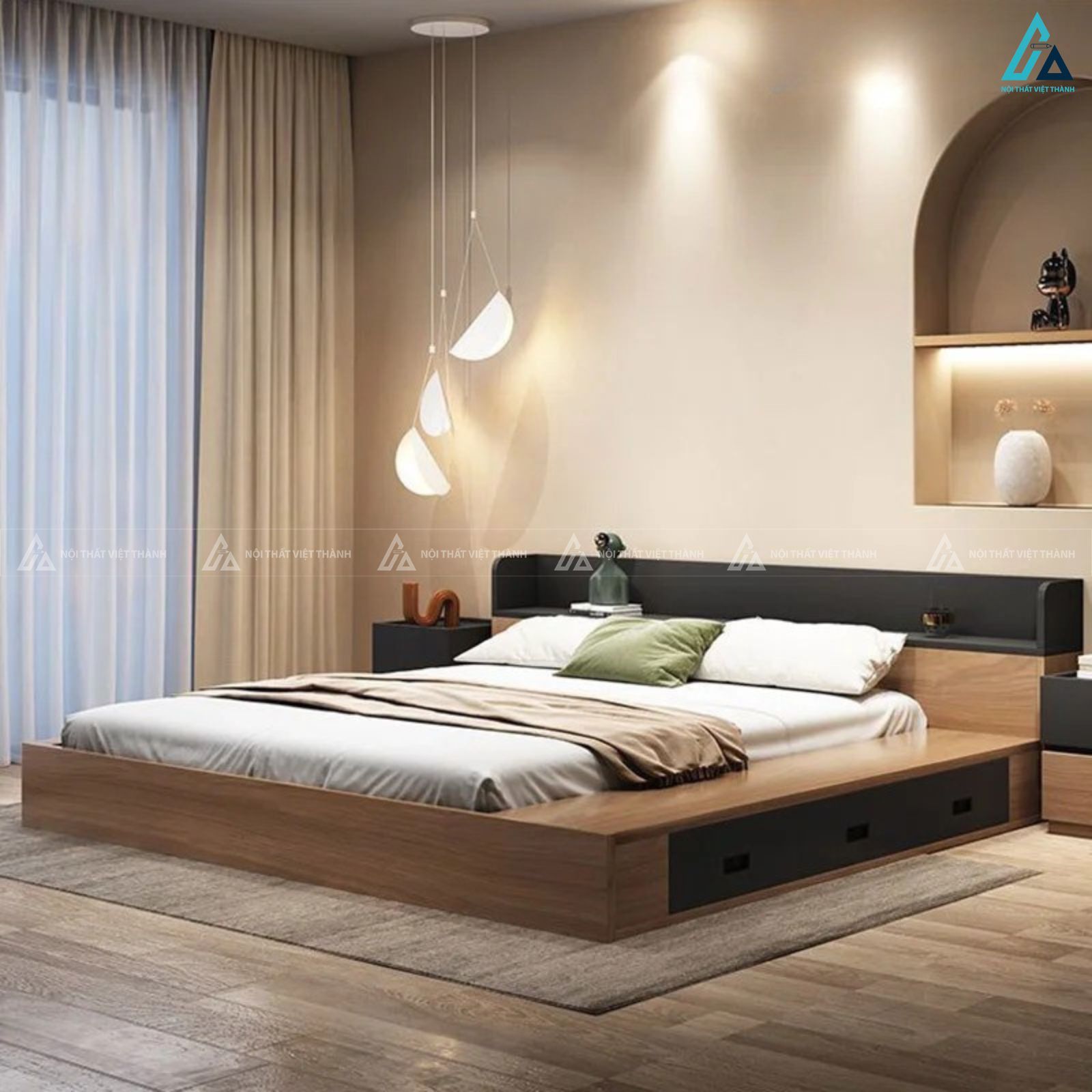 Giường ngủ gỗ công nghiệp tích hợp hộc lưu trữ dưới gầm tiện lợi