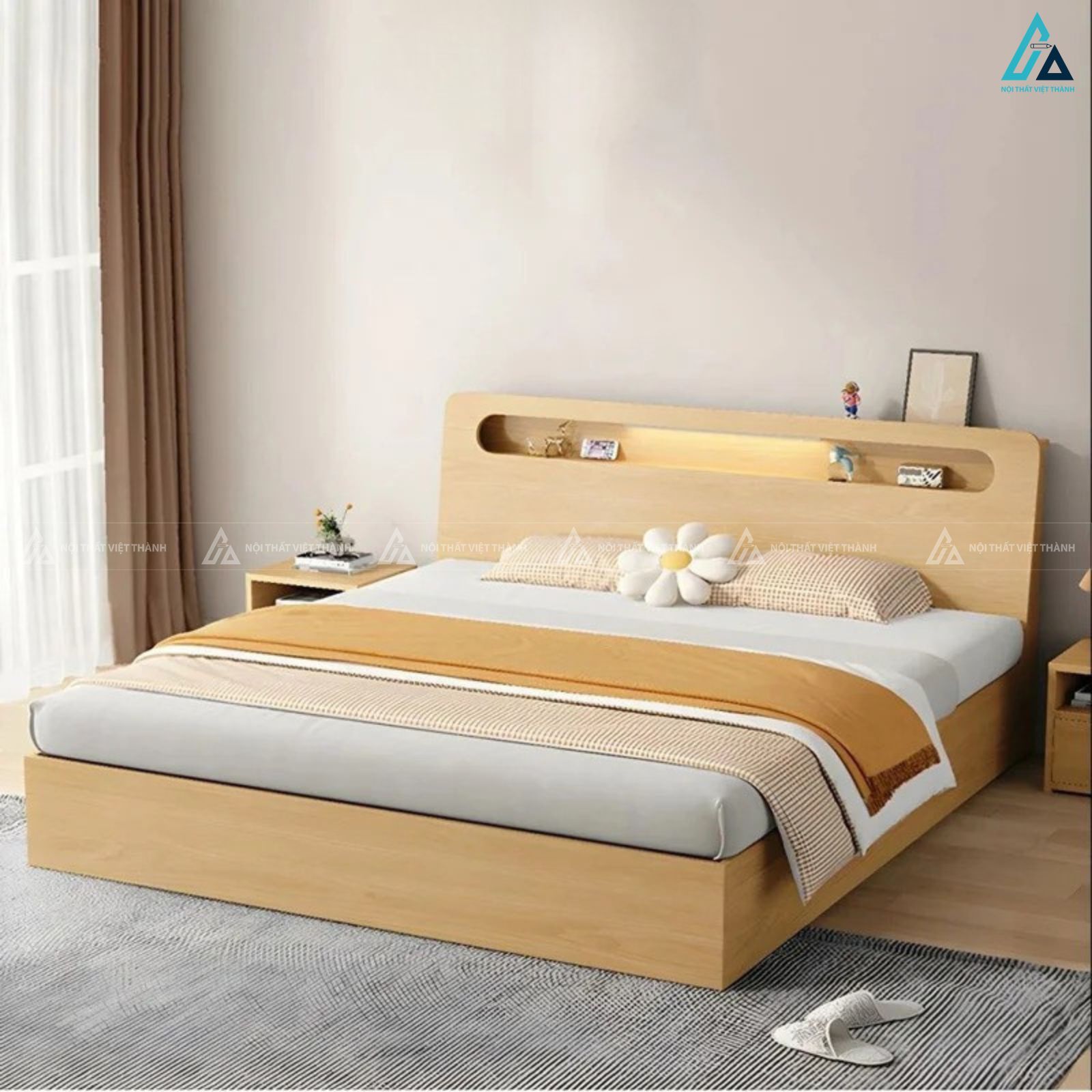 Giường ngủ gỗ công nghiệp hiện đại tích hợp kệ để đồ đầu giường